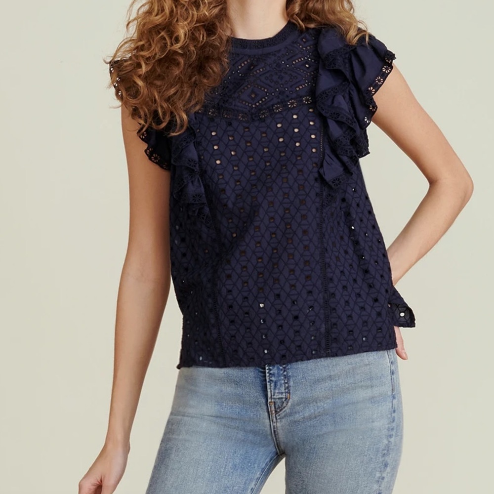 veronica beard jie ruffle eyelet blouse navy blue 6 medium ruffle sleeve nyfw
